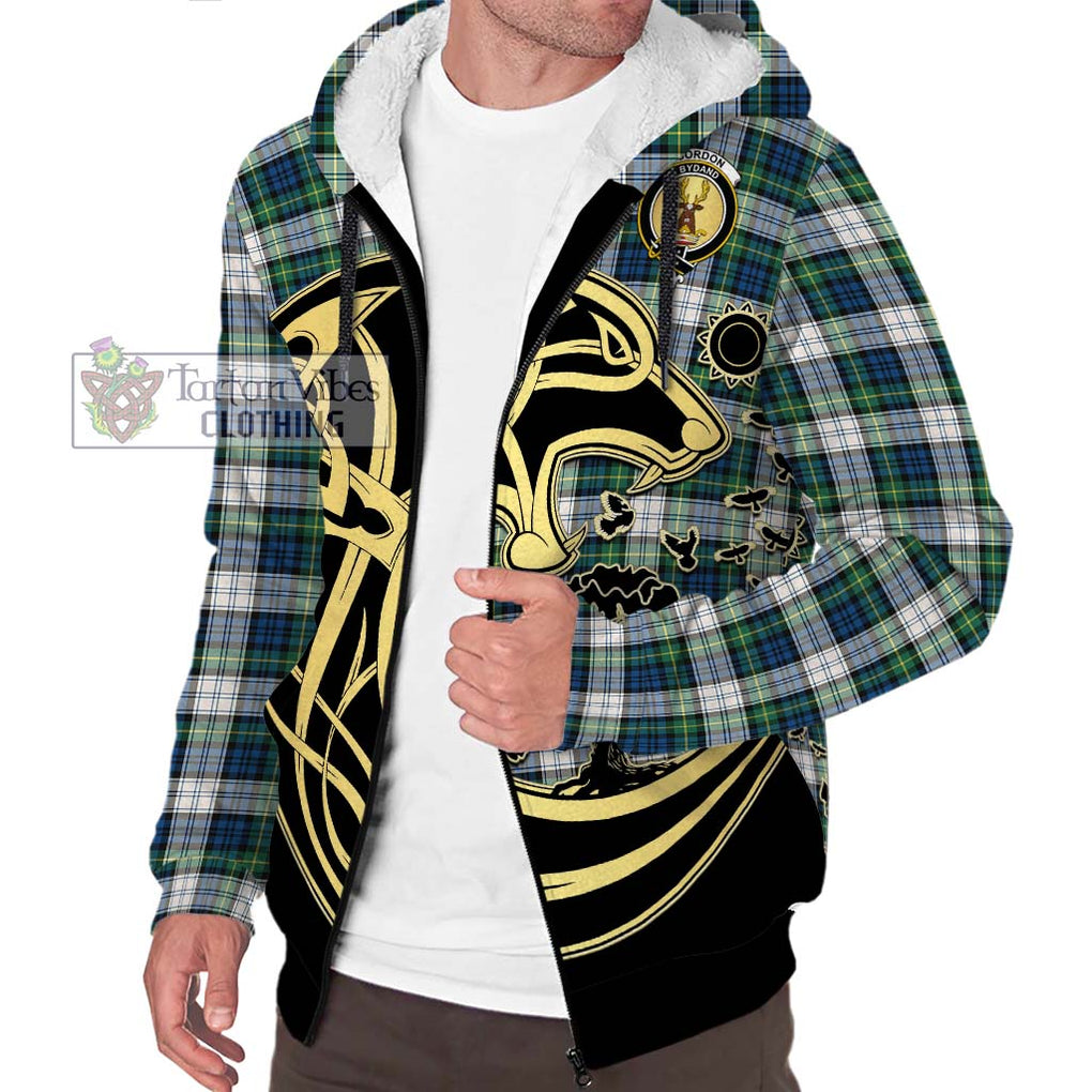 Gordon Dress Ancient Tartan Sherpa Hoodie with Family Crest Celtic Wolf Style Unisex S - Tartan Vibes Clothing