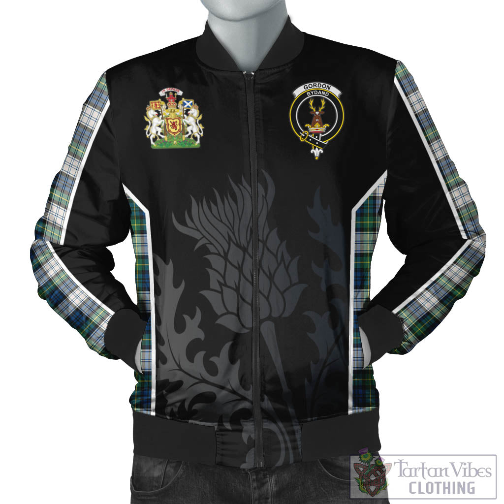 Tartan Vibes Clothing Gordon Dress Ancient Tartan Bomber Jacket with Family Crest and Scottish Thistle Vibes Sport Style