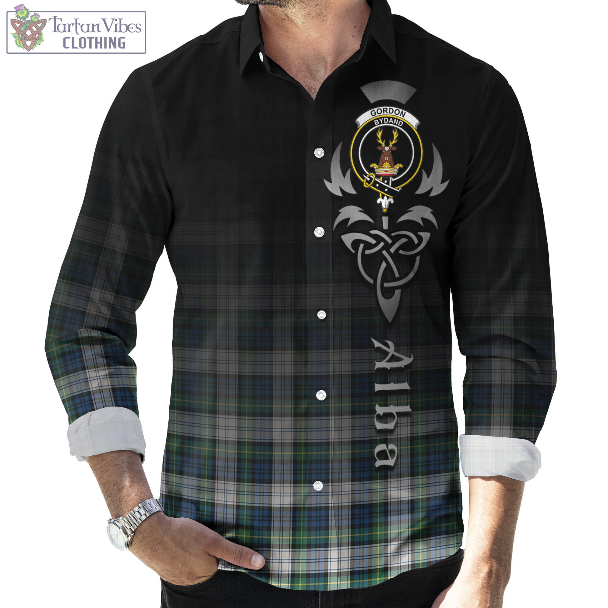 Tartan Vibes Clothing Gordon Dress Ancient Tartan Long Sleeve Button Up Featuring Alba Gu Brath Family Crest Celtic Inspired