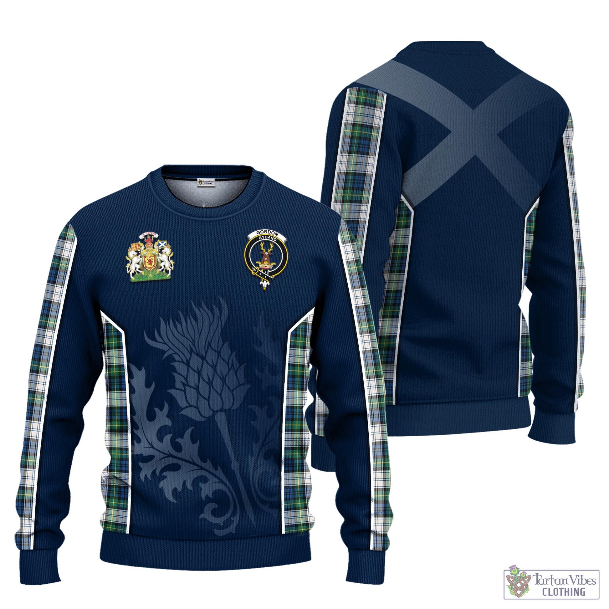 Tartan Vibes Clothing Gordon Dress Ancient Tartan Knitted Sweatshirt with Family Crest and Scottish Thistle Vibes Sport Style