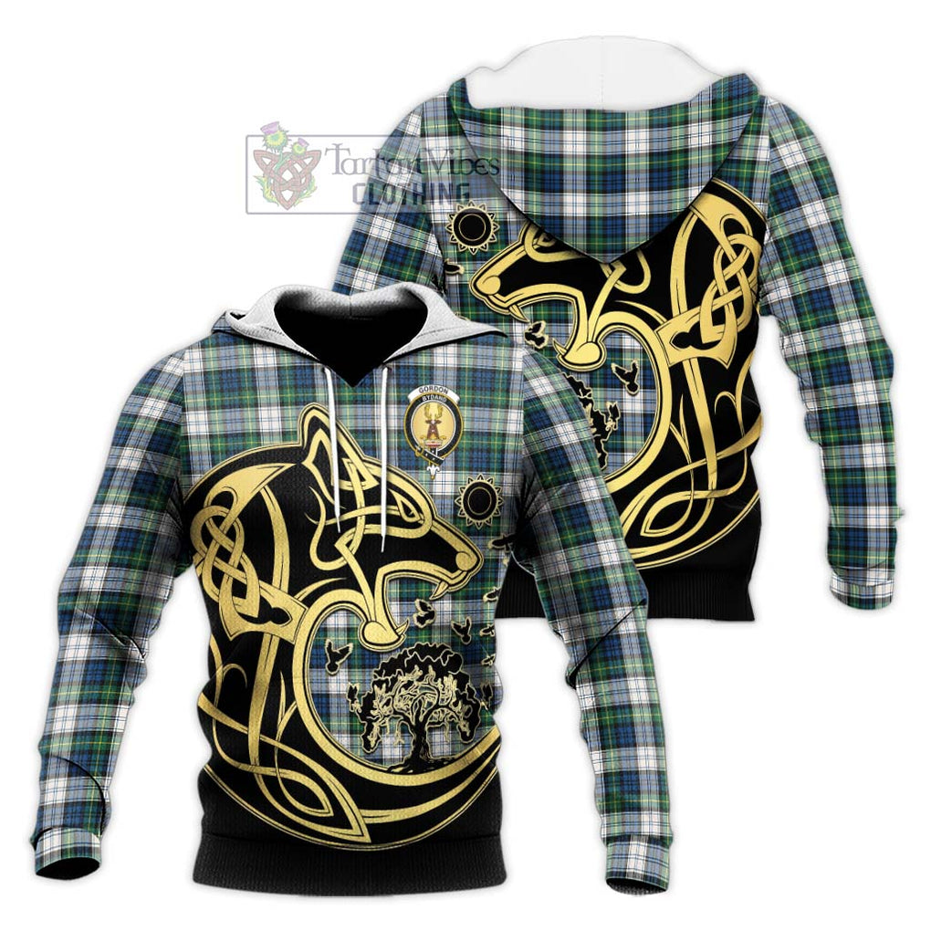 Gordon Dress Ancient Tartan Knitted Hoodie with Family Crest Celtic Wolf Style Unisex Knitted Pullover Hoodie - Tartan Vibes Clothing