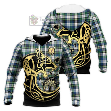 Gordon Dress Ancient Tartan Knitted Hoodie with Family Crest Celtic Wolf Style