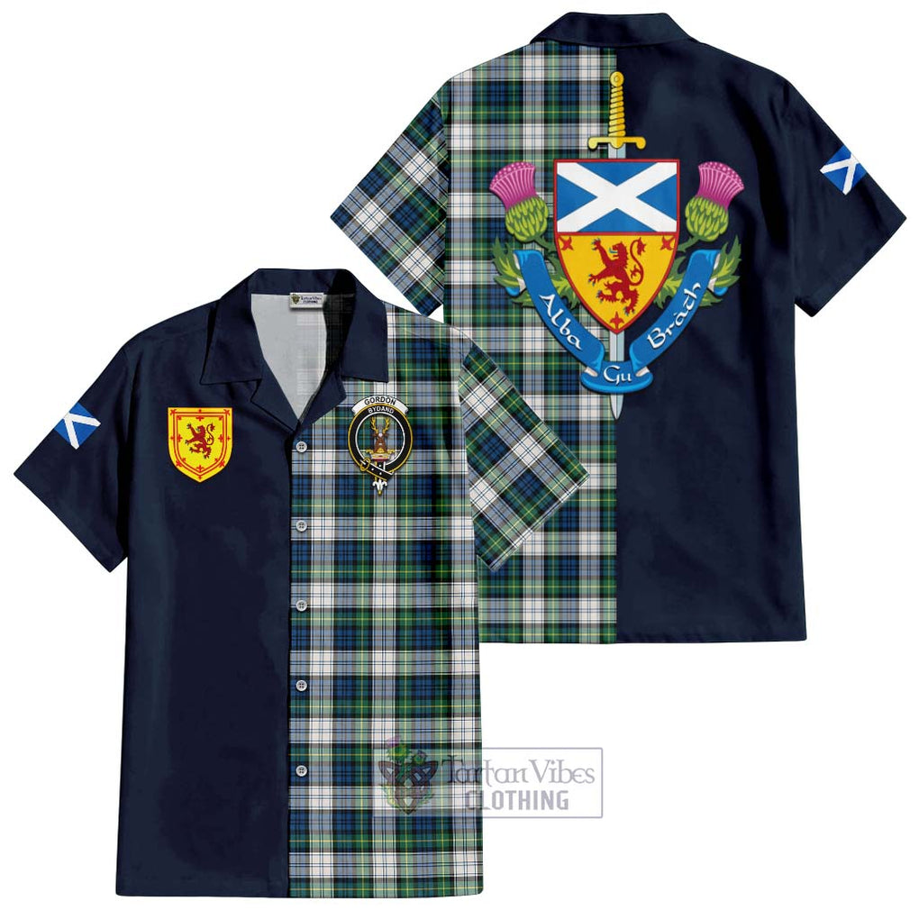 Tartan Vibes Clothing Gordon Dress Ancient Tartan Short Sleeve Button Shirt with Scottish Lion Royal Arm Half Style