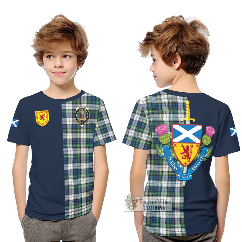 Tartan Vibes Clothing Gordon Dress Ancient Tartan Kid T-Shirt with Scottish Lion Royal Arm Half Style