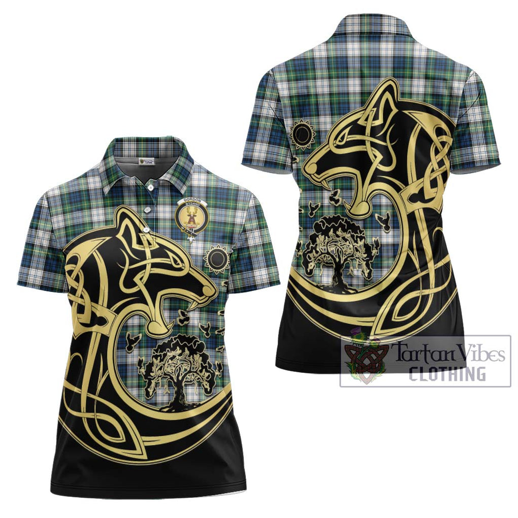 Gordon Dress Ancient Tartan Women's Polo Shirt with Family Crest Celtic Wolf Style Women - Tartanvibesclothing Shop