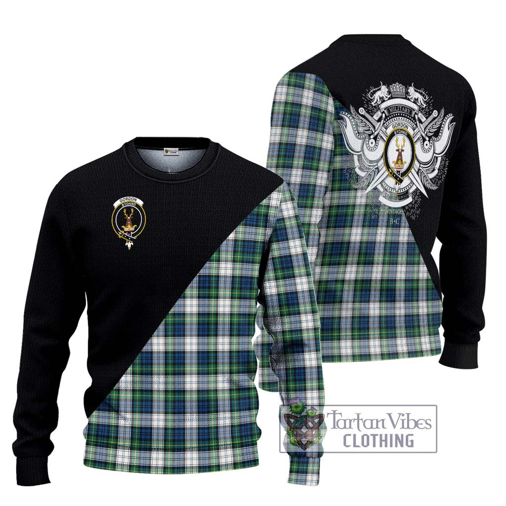 Gordon Dress Ancient Tartan Knitted Sweater with Family Crest and Military Logo Style Unisex - Tartanvibesclothing Shop