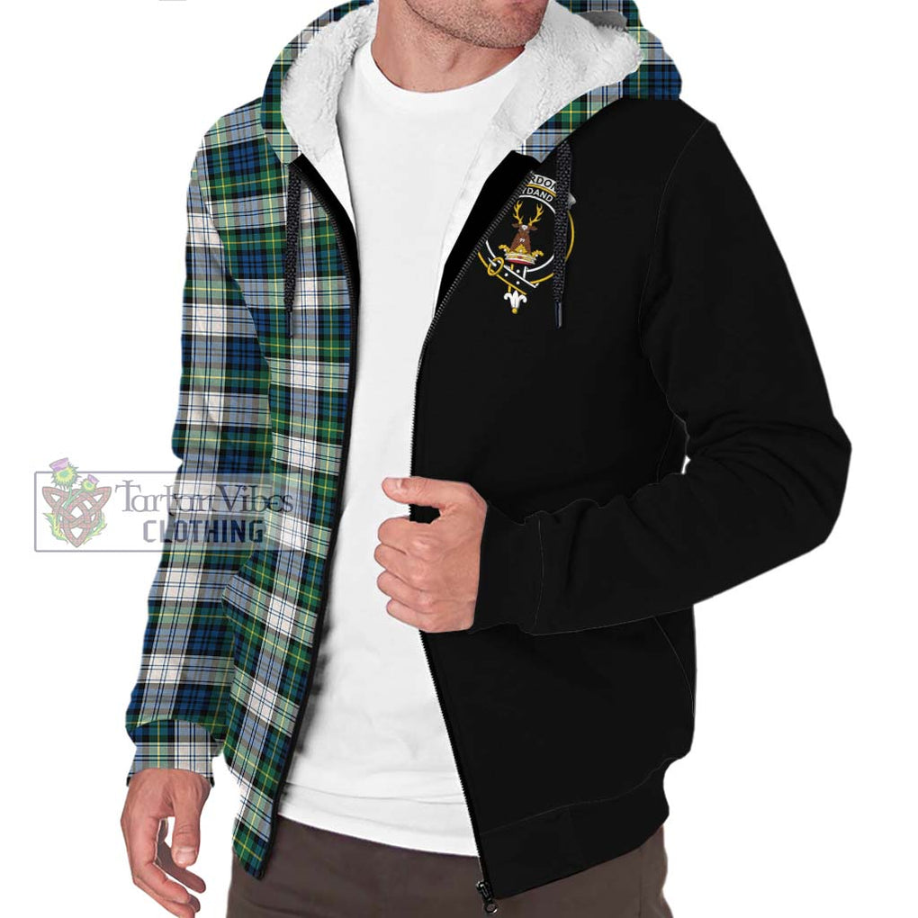 Gordon Dress Ancient Tartan Sherpa Hoodie with Family Crest and Half Of Me Style Unisex S - Tartanvibesclothing Shop