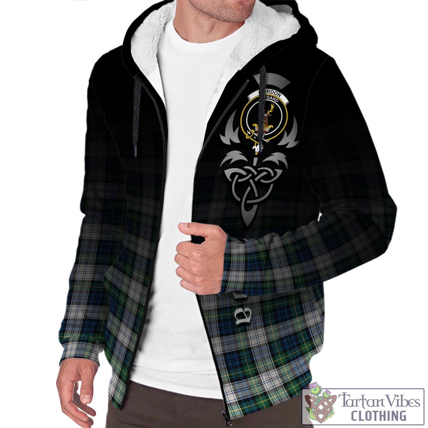 Tartan Vibes Clothing Gordon Dress Ancient Tartan Sherpa Hoodie Featuring Alba Gu Brath Family Crest Celtic Inspired