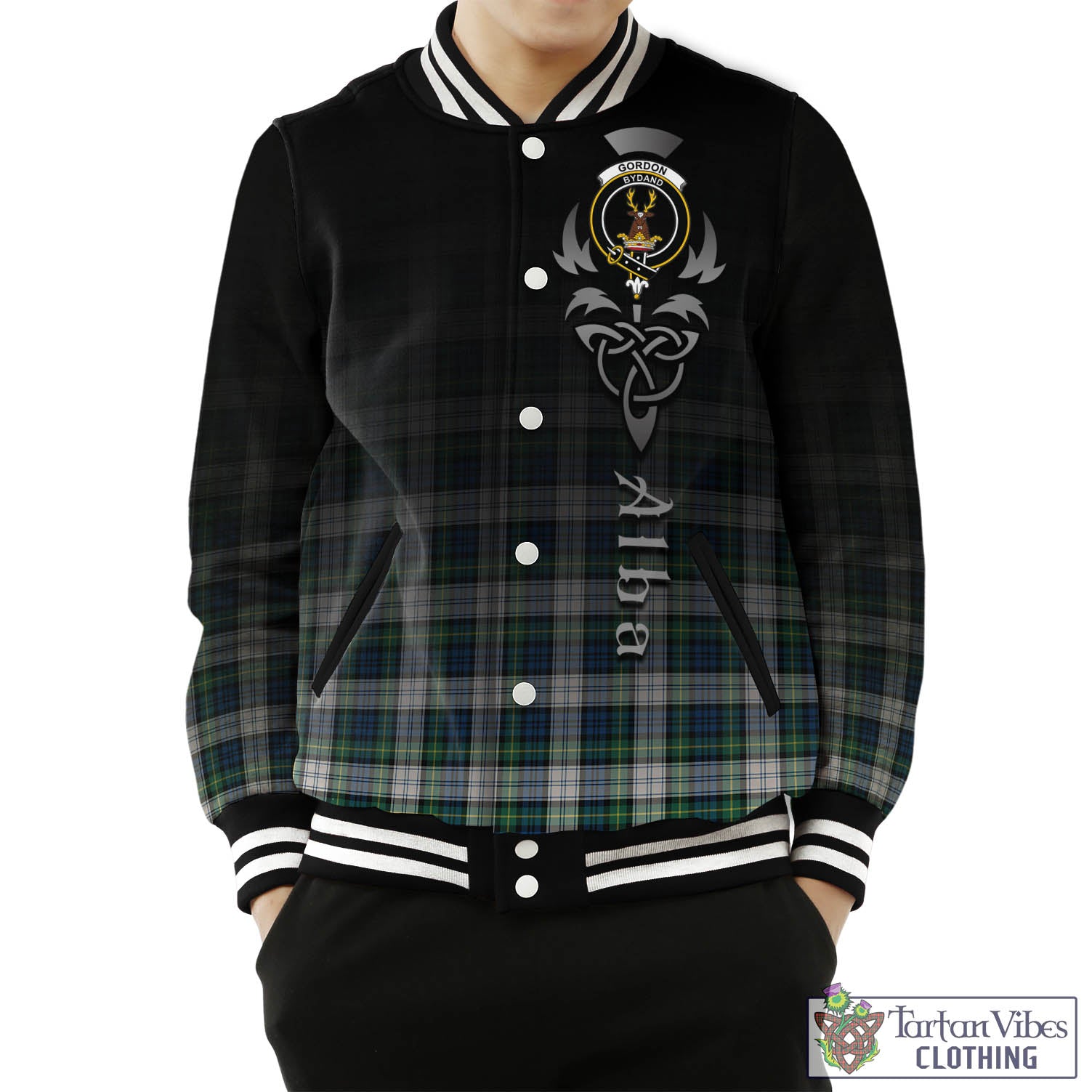 Tartan Vibes Clothing Gordon Dress Ancient Tartan Baseball Jacket Featuring Alba Gu Brath Family Crest Celtic Inspired