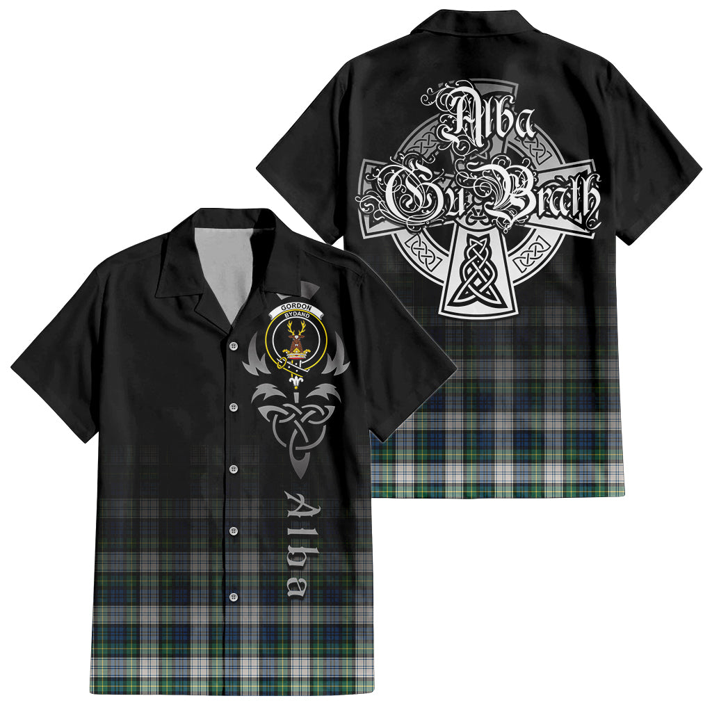 Tartan Vibes Clothing Gordon Dress Ancient Tartan Short Sleeve Button Up Featuring Alba Gu Brath Family Crest Celtic Inspired