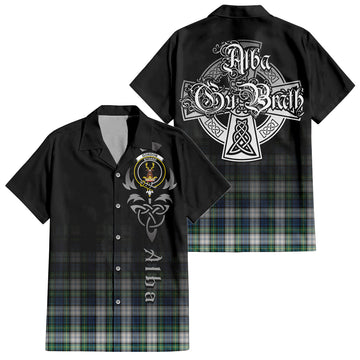 Gordon Dress Ancient Tartan Short Sleeve Button Up Shirt Featuring Alba Gu Brath Family Crest Celtic Inspired