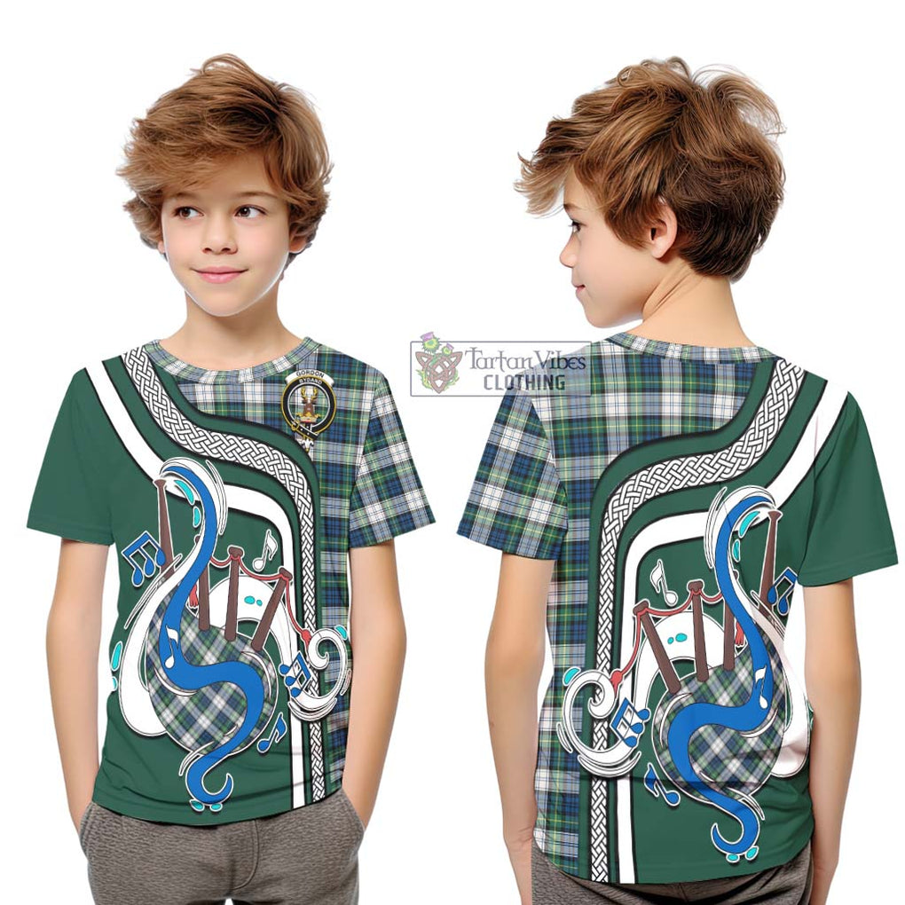 Tartan Vibes Clothing Gordon Dress Ancient Tartan Kid T-Shirt with Epic Bagpipe Style