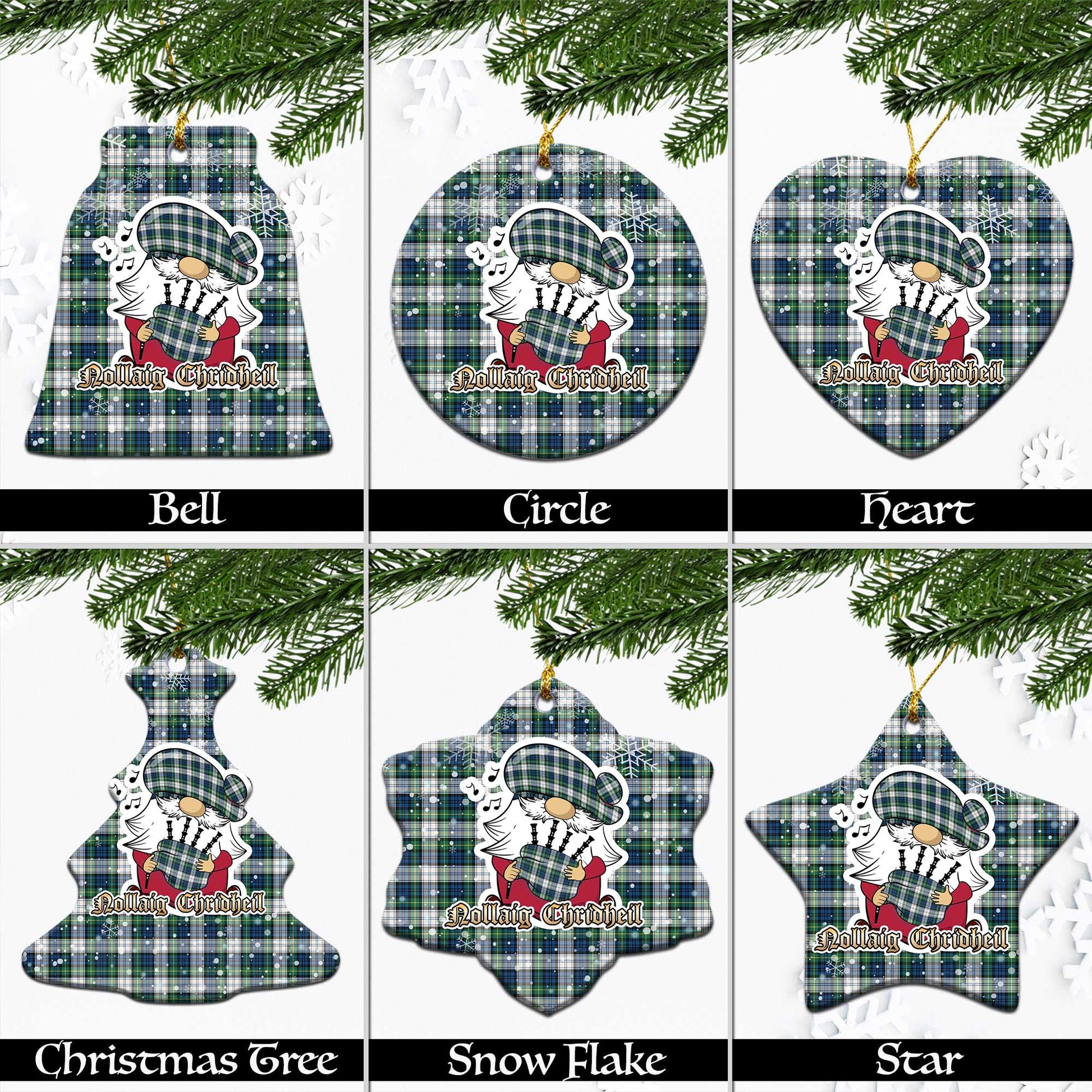 Gordon Dress Ancient Tartan Christmas Ornaments with Scottish Gnome Playing Bagpipes Ceramic - Tartanvibesclothing