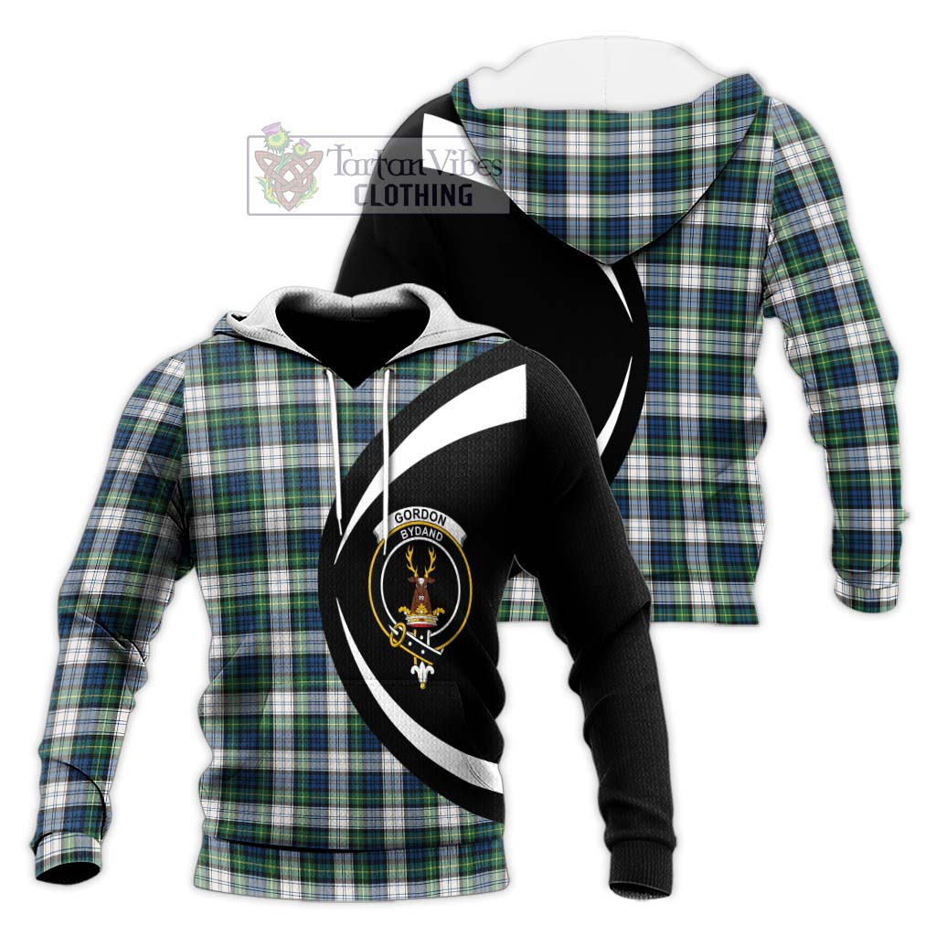 Gordon Dress Ancient Tartan Knitted Hoodie with Family Crest Circle Style Unisex Knitted Pullover Hoodie - Tartan Vibes Clothing