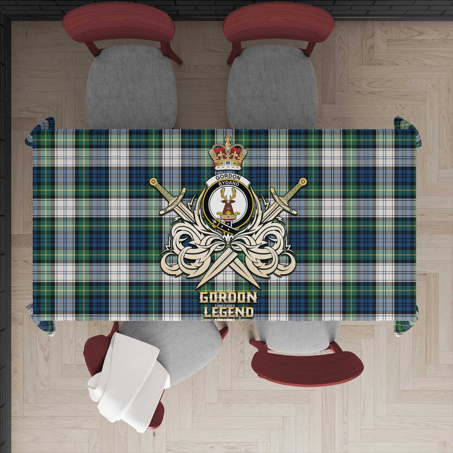 Tartan Vibes Clothing Gordon Dress Ancient Tartan Tablecloth with Clan Crest and the Golden Sword of Courageous Legacy