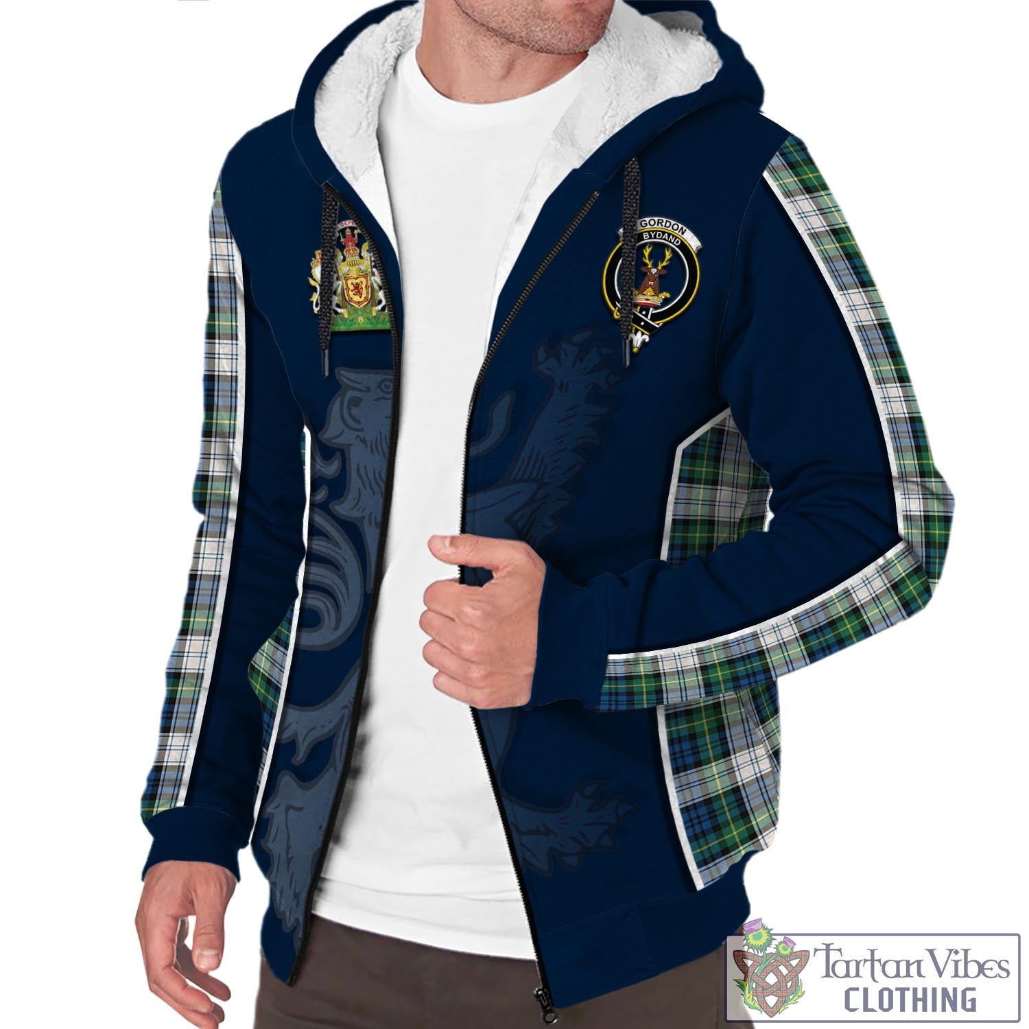 Tartan Vibes Clothing Gordon Dress Ancient Tartan Sherpa Hoodie with Family Crest and Lion Rampant Vibes Sport Style