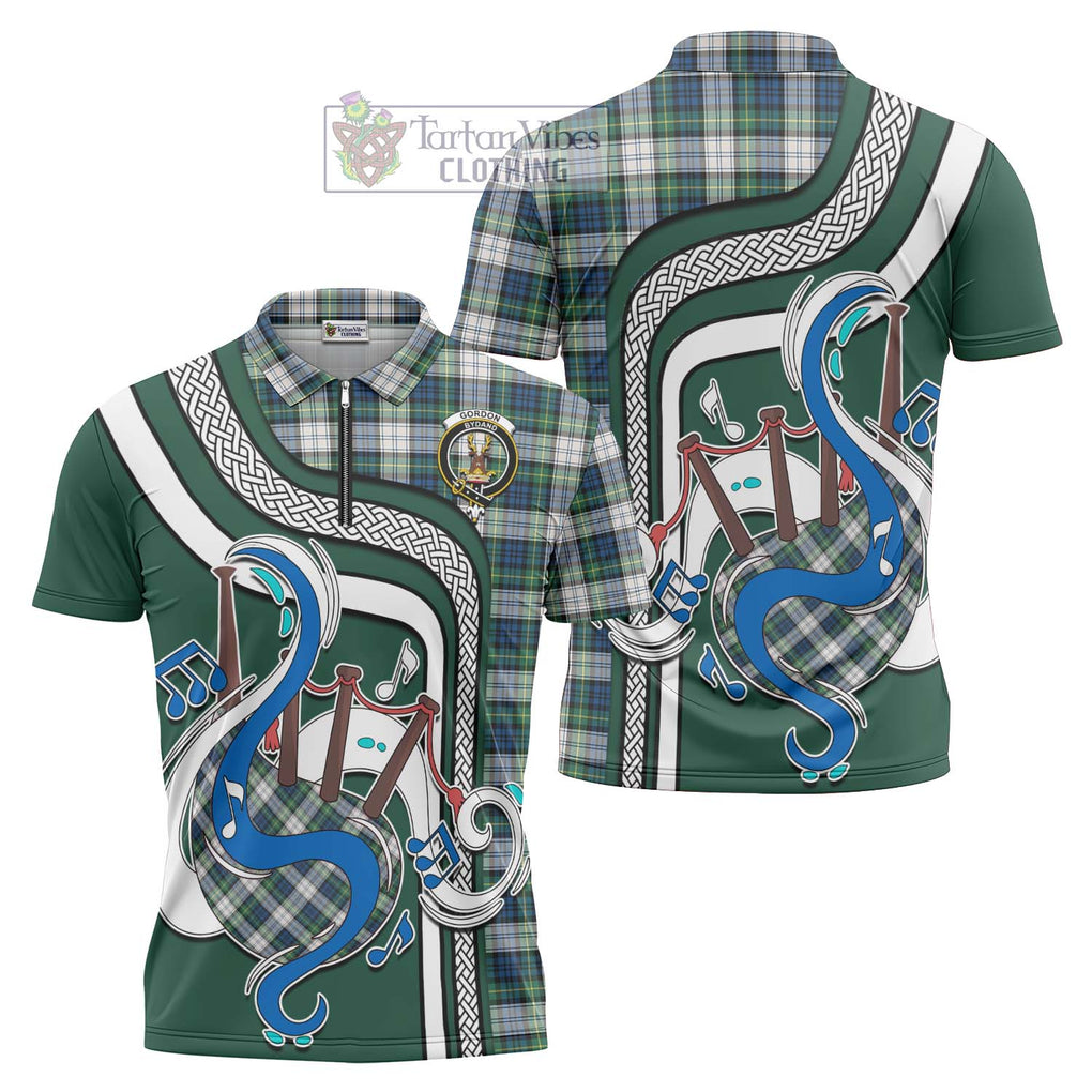 Gordon Dress Ancient Tartan Zipper Polo Shirt with Epic Bagpipe Style Unisex - Tartanvibesclothing Shop