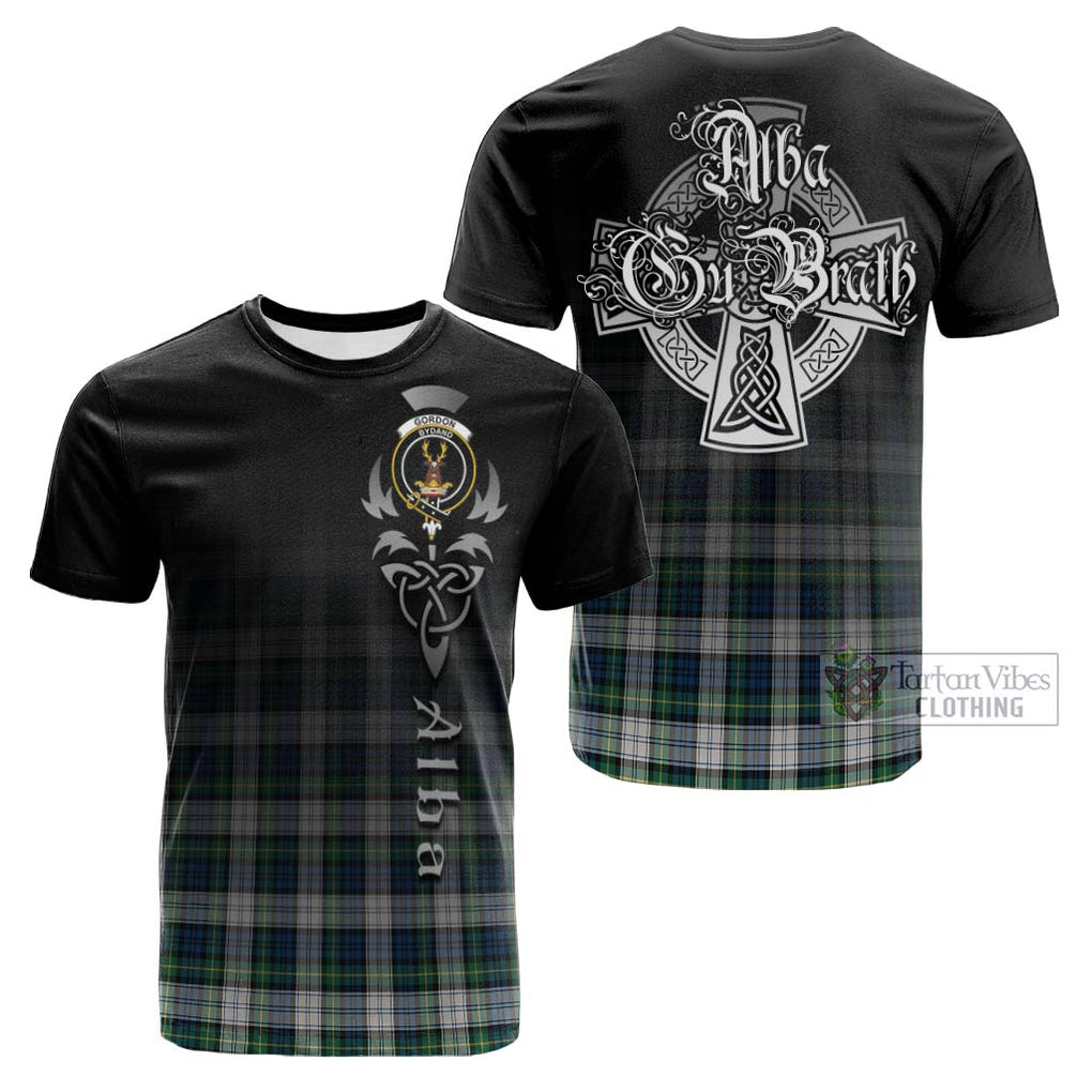 Tartan Vibes Clothing Gordon Dress Ancient Tartan Cotton T-shirt Featuring Alba Gu Brath Family Crest Celtic Inspired