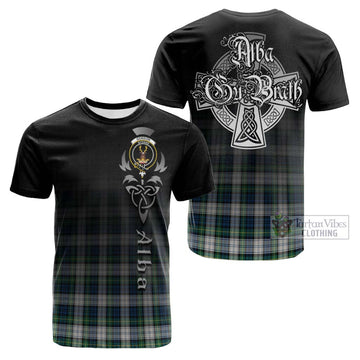 Gordon Dress Ancient Tartan Cotton T-shirt Featuring Alba Gu Brath Family Crest Celtic Inspired