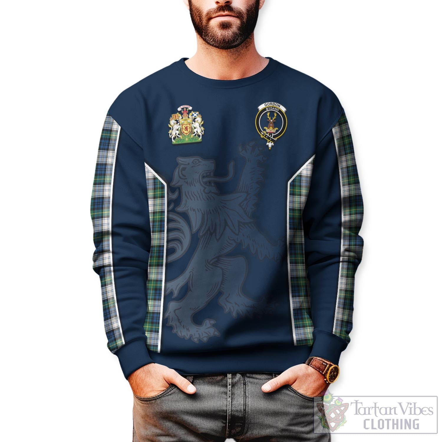 Tartan Vibes Clothing Gordon Dress Ancient Tartan Sweater with Family Crest and Lion Rampant Vibes Sport Style