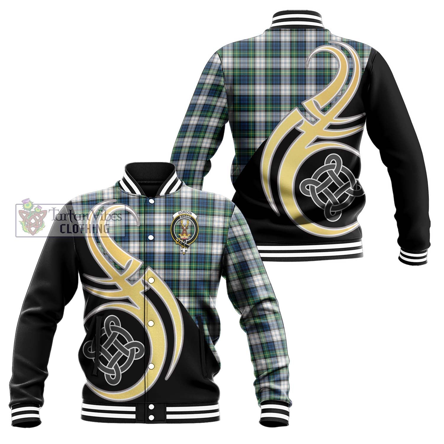 Gordon Dress Ancient Tartan Baseball Jacket with Family Crest and Celtic Symbol Style Unisex - Tartan Vibes Clothing