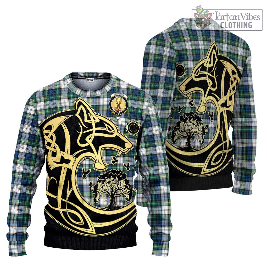 Gordon Dress Ancient Tartan Knitted Sweater with Family Crest Celtic Wolf Style Unisex - Tartan Vibes Clothing