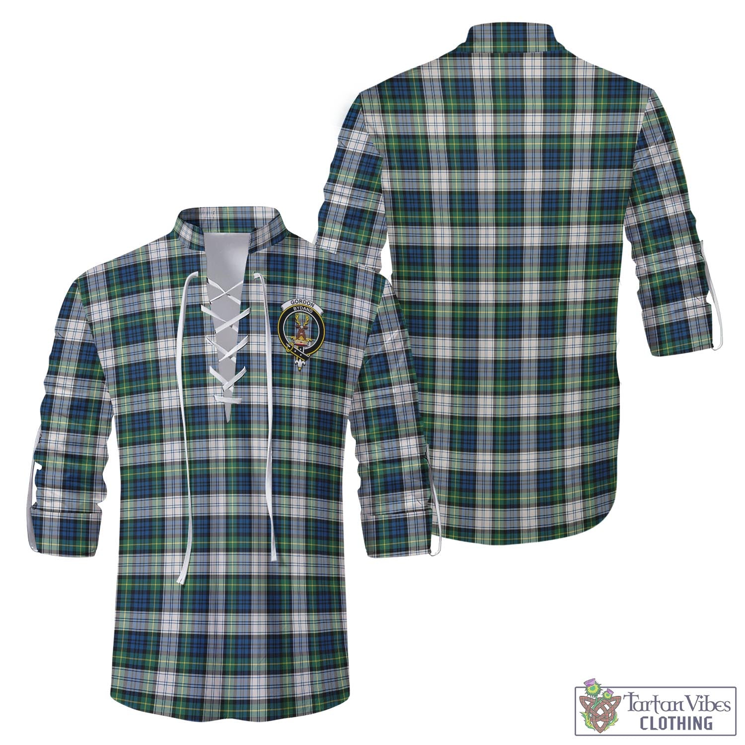 Tartan Vibes Clothing Gordon Dress Ancient Tartan Men's Scottish Traditional Jacobite Ghillie Kilt Shirt with Family Crest