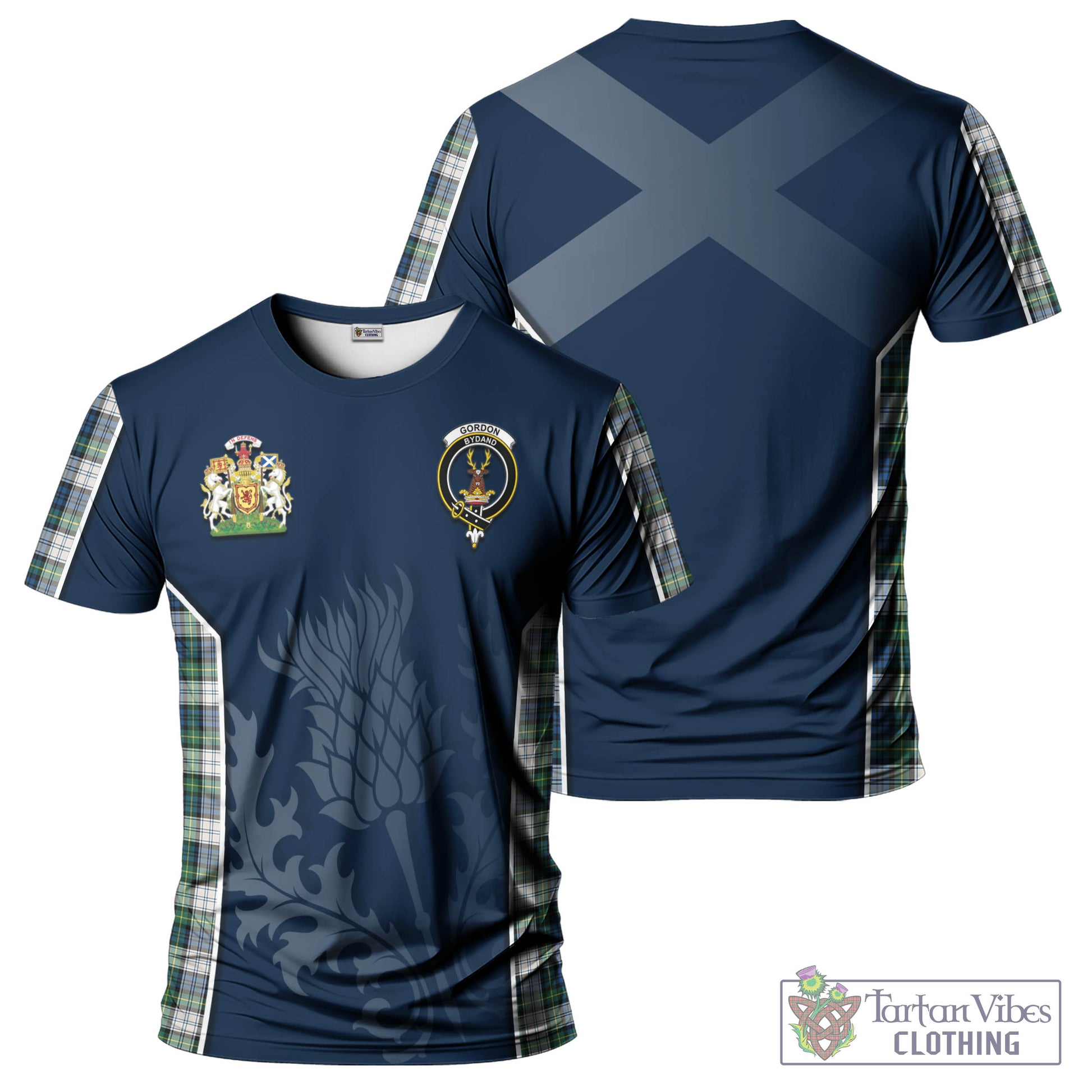 Tartan Vibes Clothing Gordon Dress Ancient Tartan T-Shirt with Family Crest and Scottish Thistle Vibes Sport Style