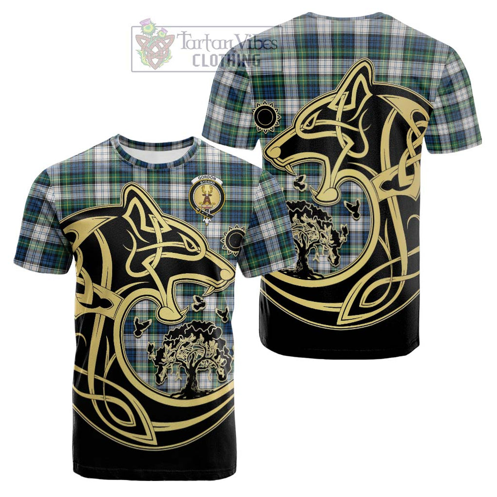 Tartan Vibes Clothing Gordon Dress Ancient Tartan Cotton T-shirt with Family Crest Celtic Wolf Style