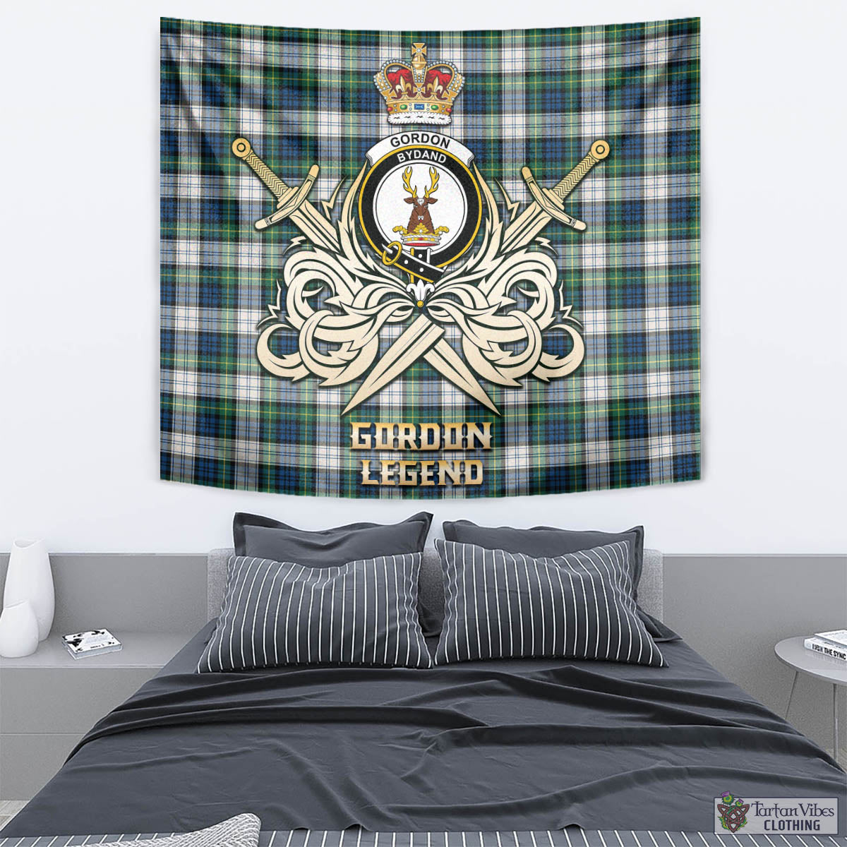 Tartan Vibes Clothing Gordon Dress Ancient Tartan Tapestry with Clan Crest and the Golden Sword of Courageous Legacy