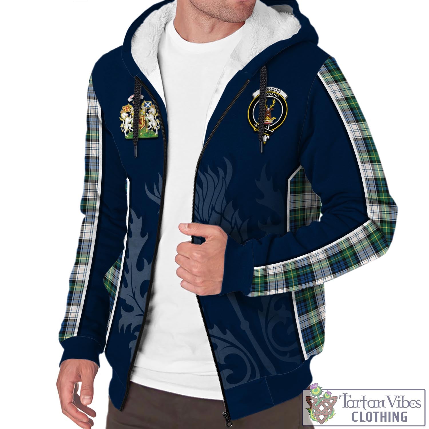 Tartan Vibes Clothing Gordon Dress Ancient Tartan Sherpa Hoodie with Family Crest and Scottish Thistle Vibes Sport Style