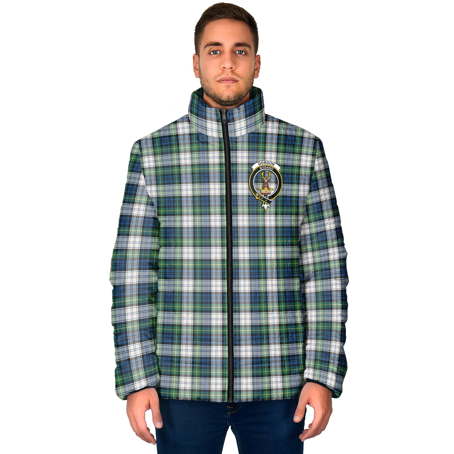 Gordon Dress Ancient Tartan Padded Jacket with Family Crest - Tartan Vibes Clothing