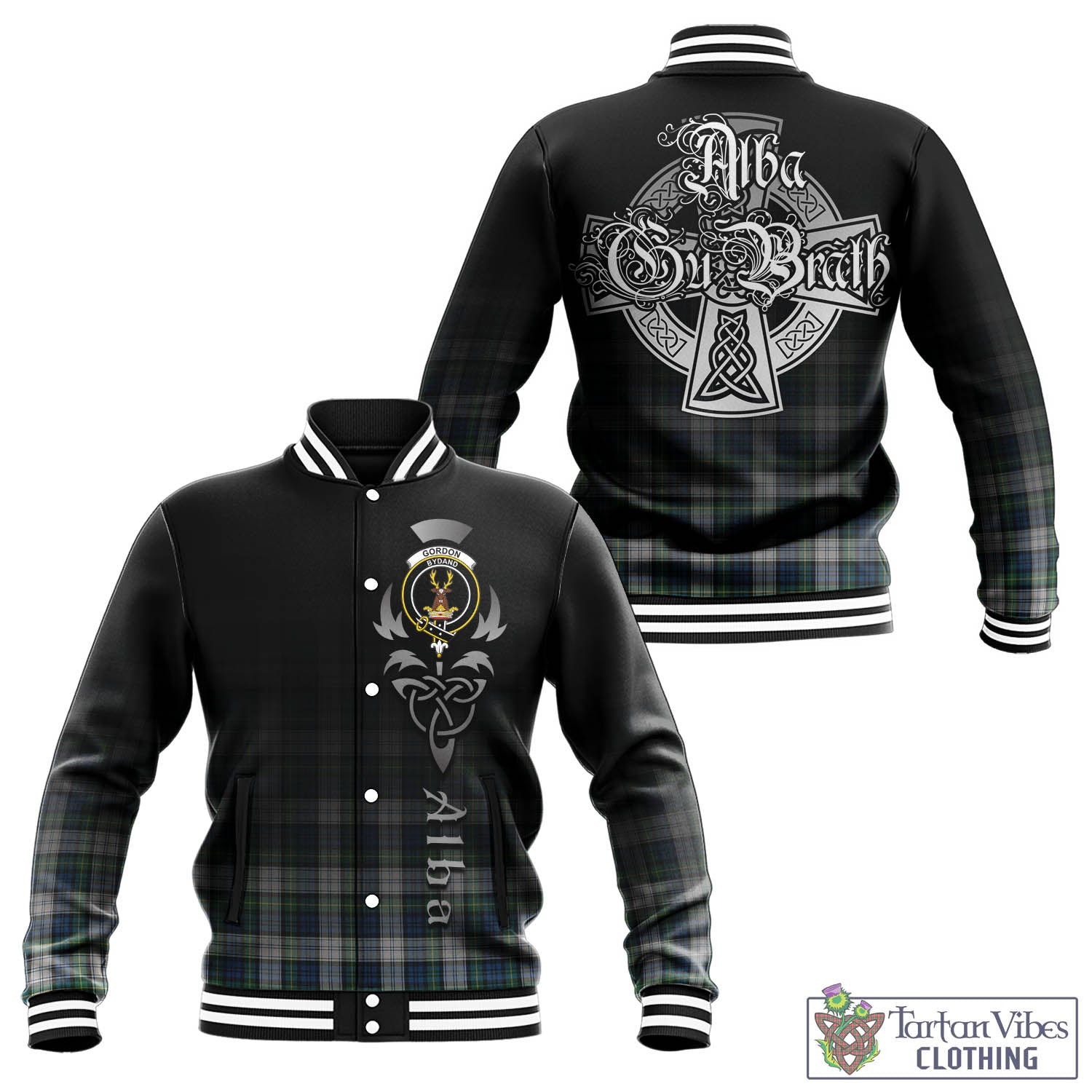 Tartan Vibes Clothing Gordon Dress Ancient Tartan Baseball Jacket Featuring Alba Gu Brath Family Crest Celtic Inspired