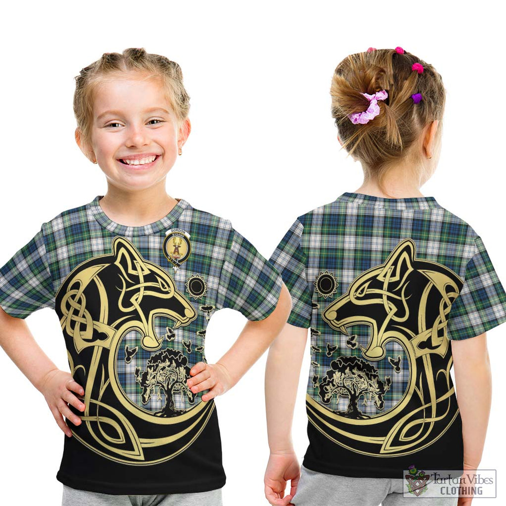 Gordon Dress Ancient Tartan Kid T-Shirt with Family Crest Celtic Wolf Style - Tartan Vibes Clothing