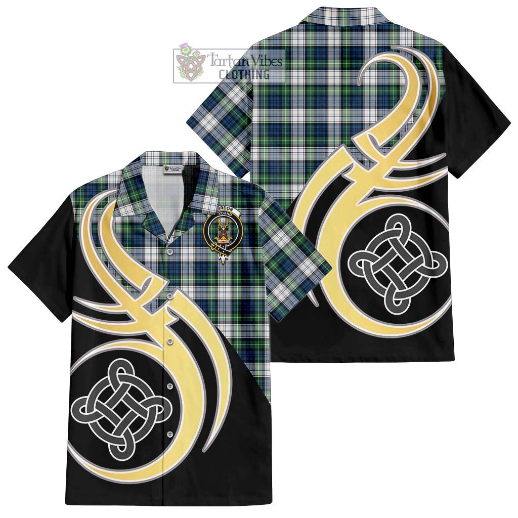 Gordon Dress Ancient Tartan Short Sleeve Button Shirt with Family Crest and Celtic Symbol Style - Tartan Vibes Clothing