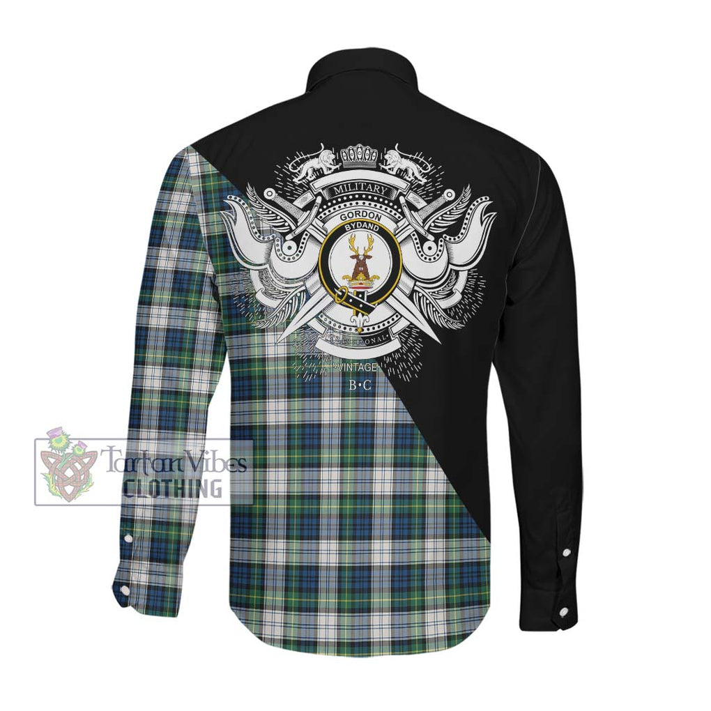 Gordon Dress Ancient Tartan Long Sleeve Button Shirt with Family Crest and Military Logo Style Men's Shirt - Tartanvibesclothing Shop