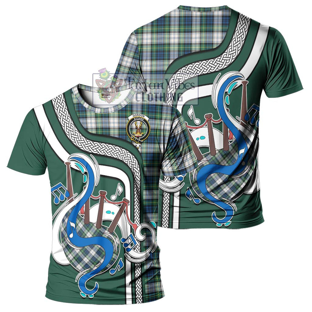 Gordon Dress Ancient Tartan T-Shirt with Epic Bagpipe Style - Tartanvibesclothing Shop