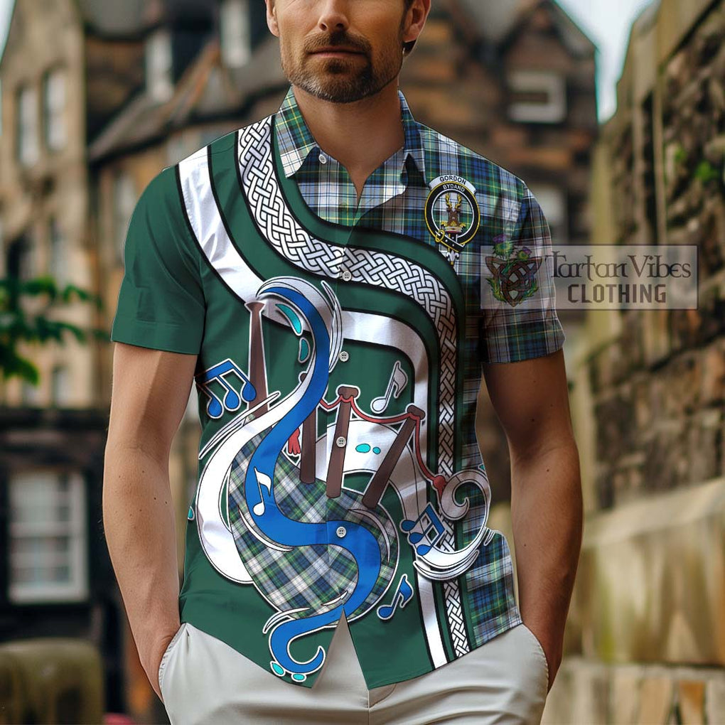 Gordon Dress Ancient Tartan Short Sleeve Button Shirt with Epic Bagpipe Style - Tartanvibesclothing Shop