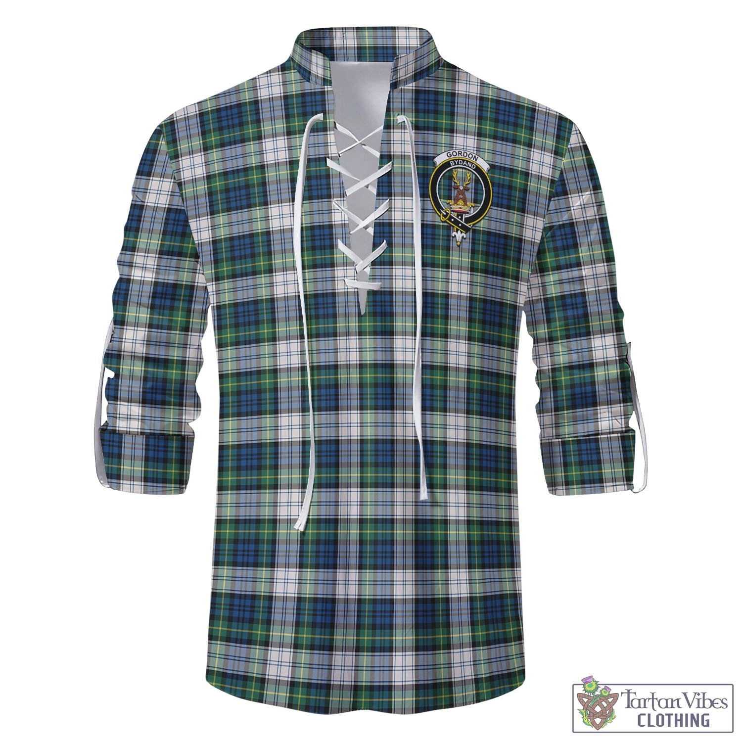 Tartan Vibes Clothing Gordon Dress Ancient Tartan Men's Scottish Traditional Jacobite Ghillie Kilt Shirt with Family Crest