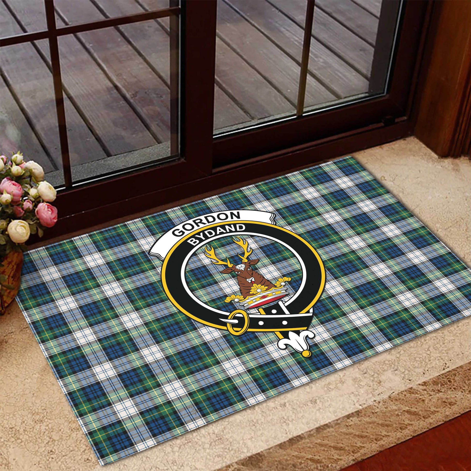 Gordon Dress Ancient Tartan Door Mat with Family Crest - Tartanvibesclothing