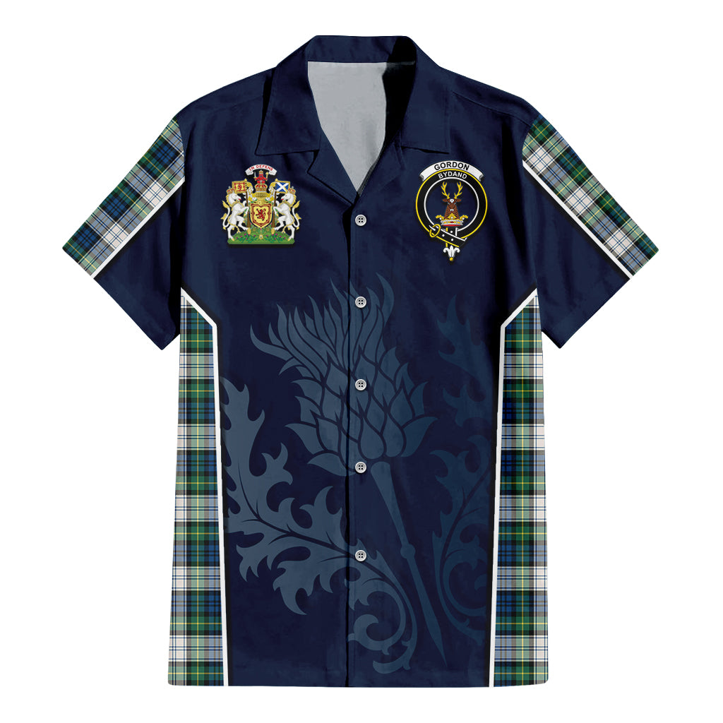 Tartan Vibes Clothing Gordon Dress Ancient Tartan Short Sleeve Button Up Shirt with Family Crest and Scottish Thistle Vibes Sport Style