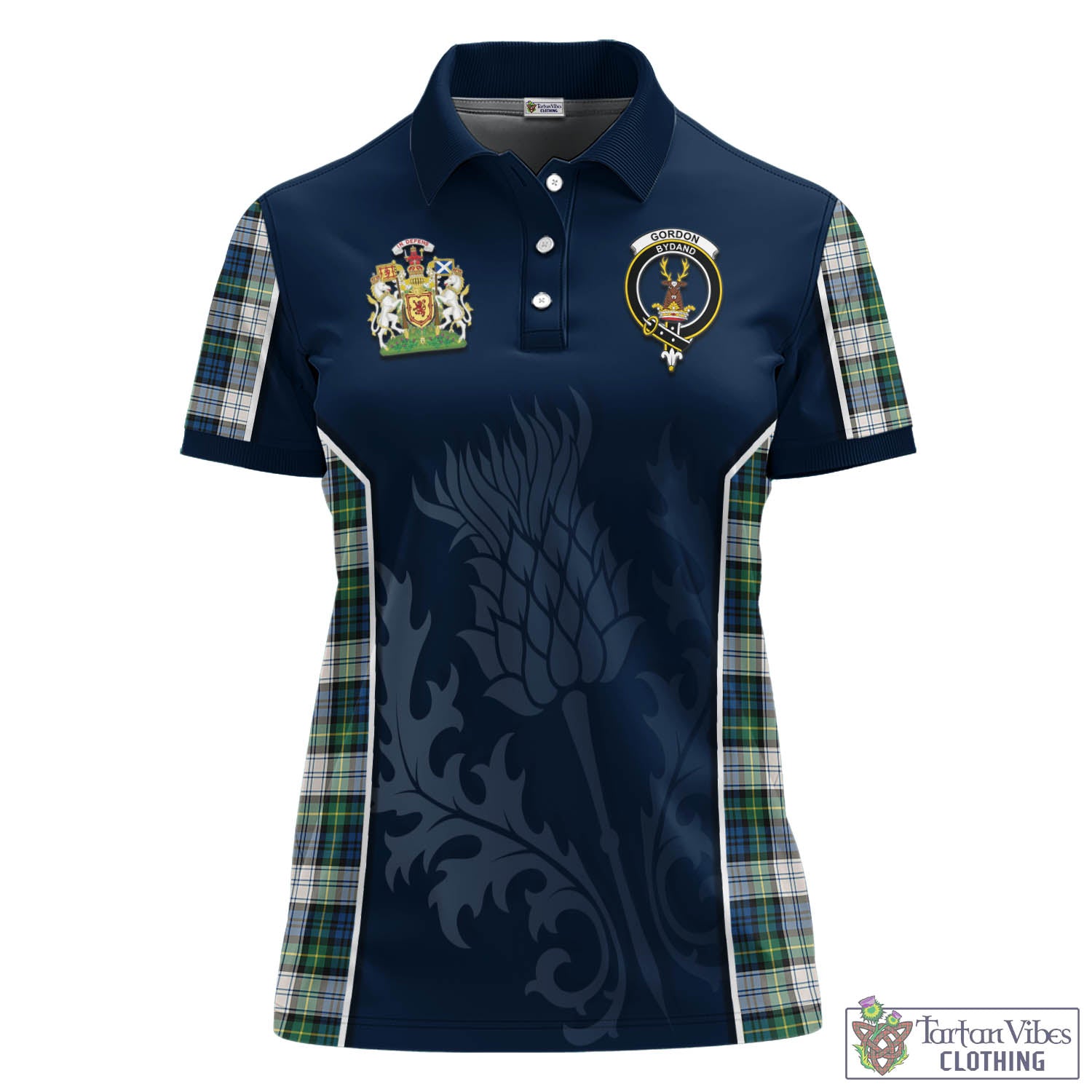 Tartan Vibes Clothing Gordon Dress Ancient Tartan Women's Polo Shirt with Family Crest and Scottish Thistle Vibes Sport Style