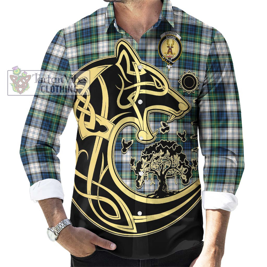 Gordon Dress Ancient Tartan Long Sleeve Button Shirt with Family Crest Celtic Wolf Style - Tartan Vibes Clothing