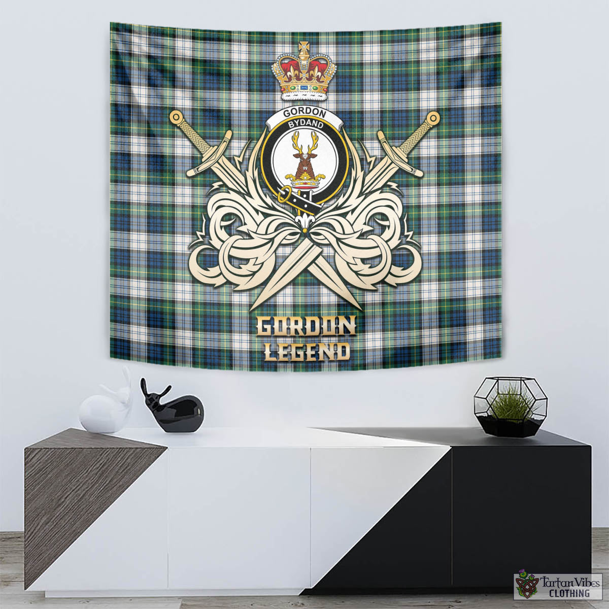 Tartan Vibes Clothing Gordon Dress Ancient Tartan Tapestry with Clan Crest and the Golden Sword of Courageous Legacy