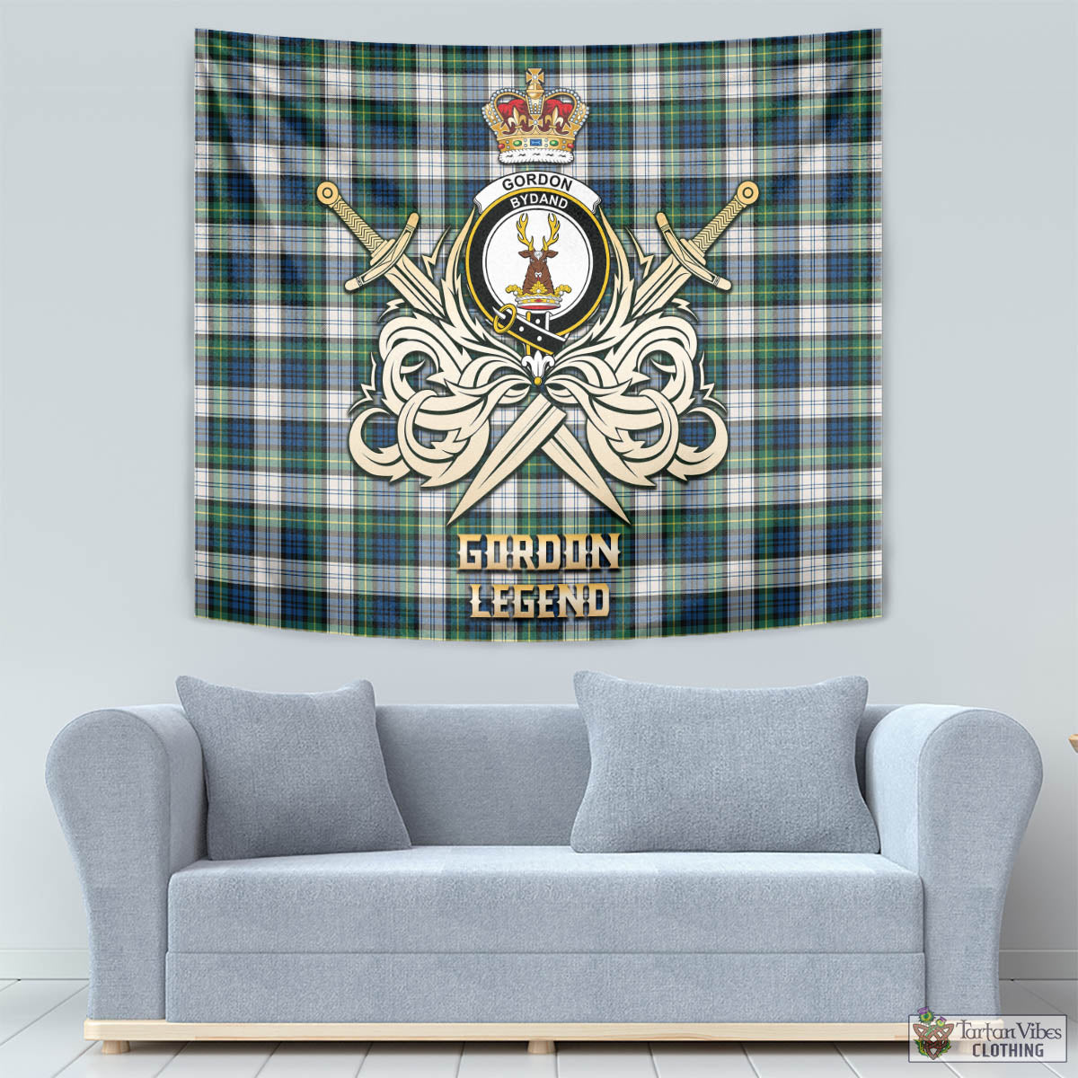 Tartan Vibes Clothing Gordon Dress Ancient Tartan Tapestry with Clan Crest and the Golden Sword of Courageous Legacy