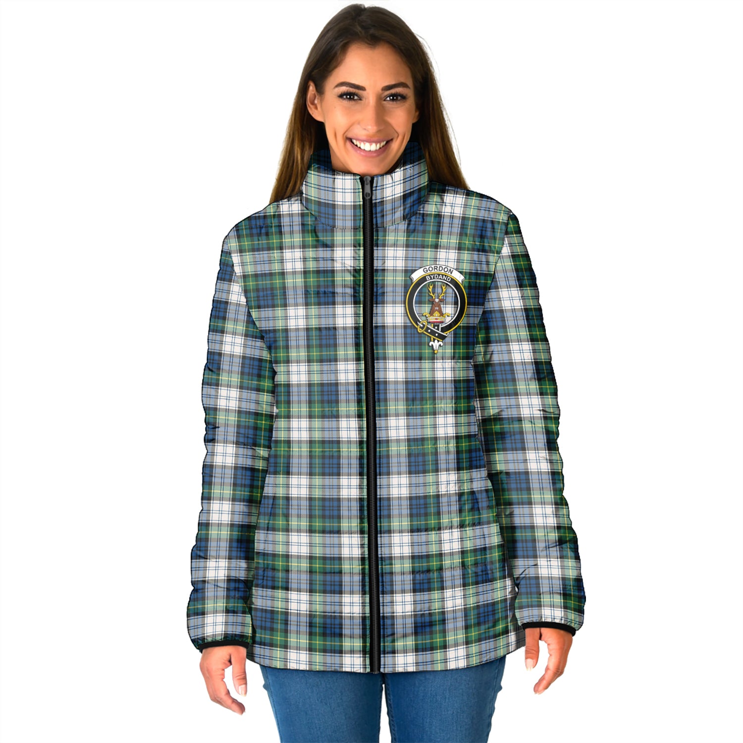 Gordon Dress Ancient Tartan Padded Jacket with Family Crest - Tartan Vibes Clothing