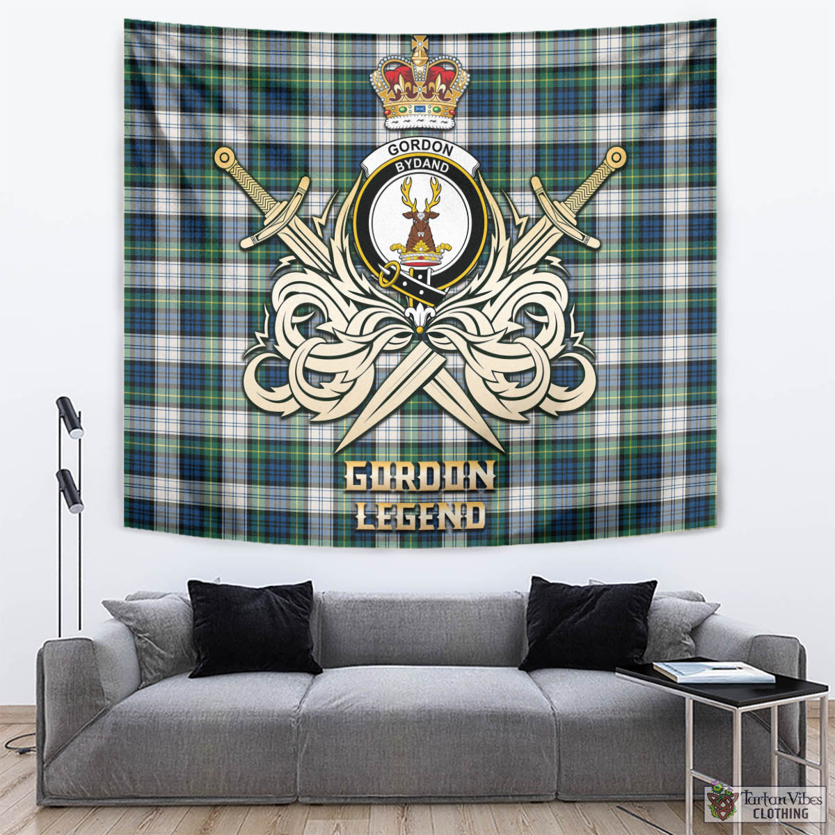 Tartan Vibes Clothing Gordon Dress Ancient Tartan Tapestry with Clan Crest and the Golden Sword of Courageous Legacy