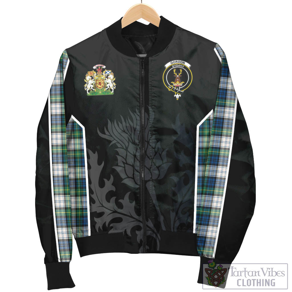 Tartan Vibes Clothing Gordon Dress Ancient Tartan Bomber Jacket with Family Crest and Scottish Thistle Vibes Sport Style