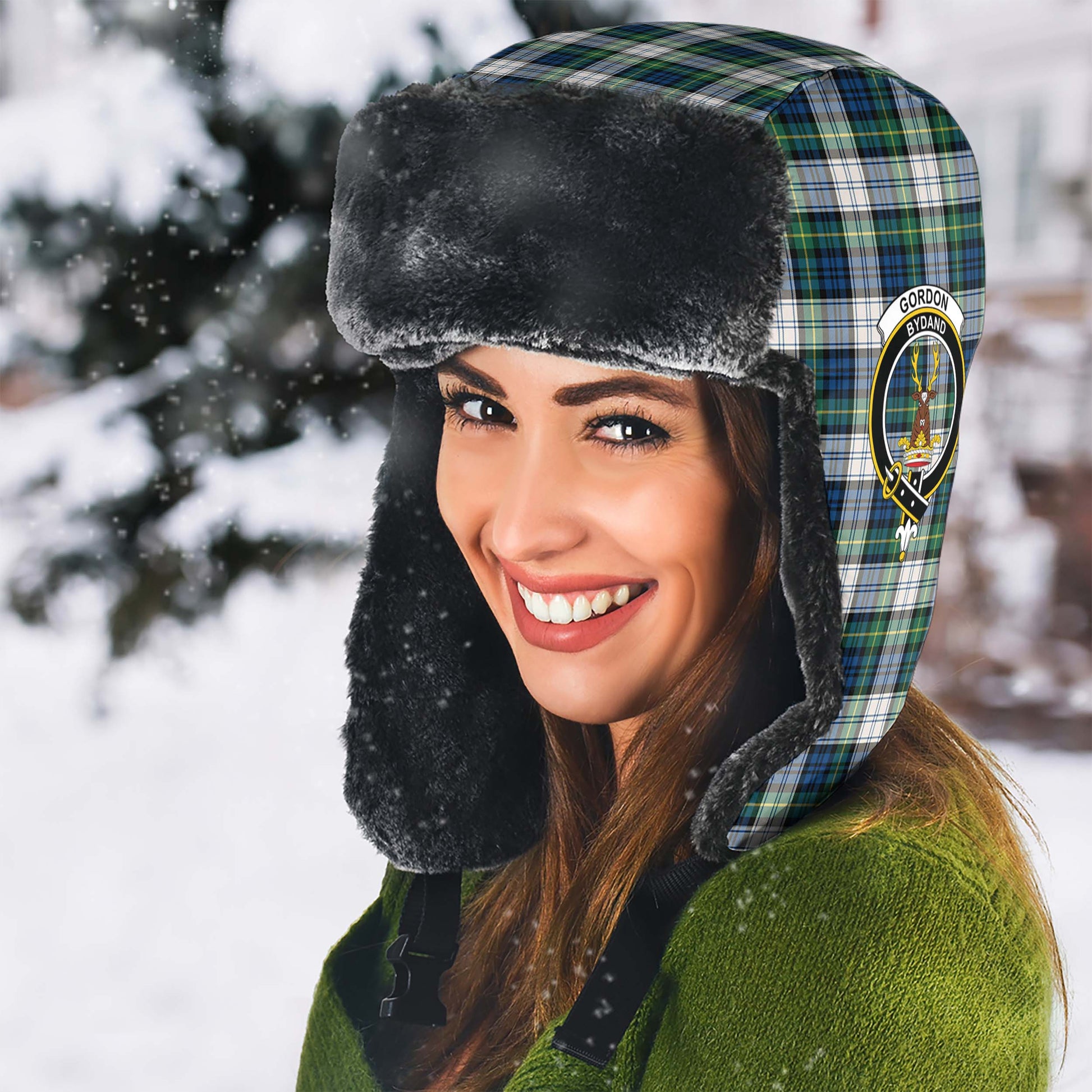 Gordon Dress Ancient Tartan Winter Trapper Hat with Family Crest - Tartanvibesclothing