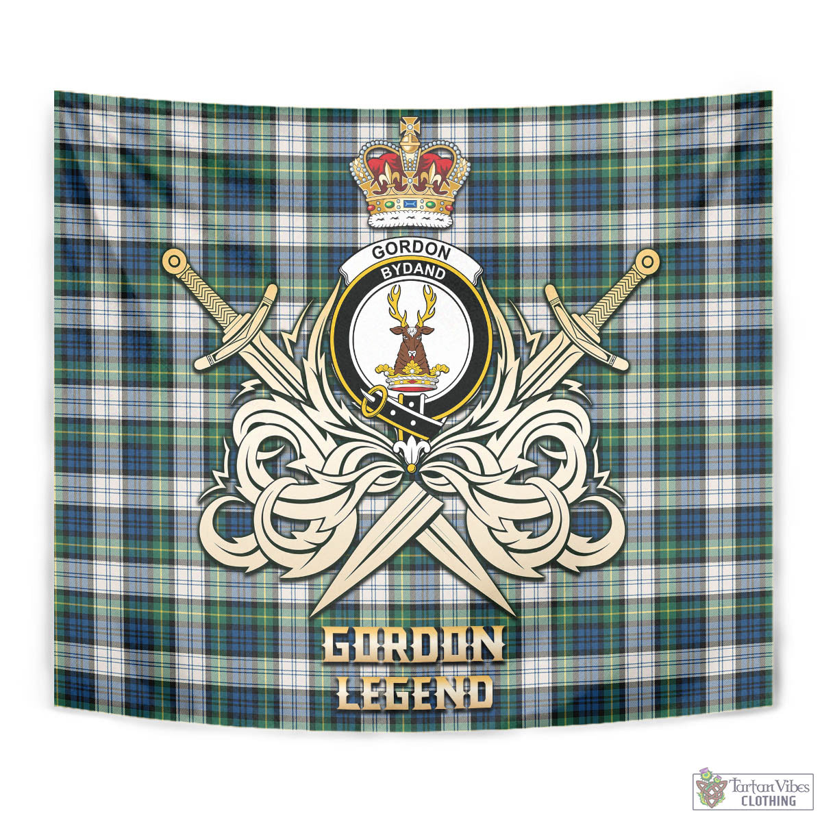 Tartan Vibes Clothing Gordon Dress Ancient Tartan Tapestry with Clan Crest and the Golden Sword of Courageous Legacy